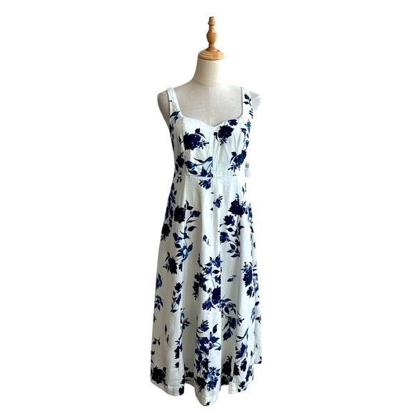 Blue and White Floral Fit & Flare Linen Blend Midi Dress Size Small Petite New - Picture 2 of 11